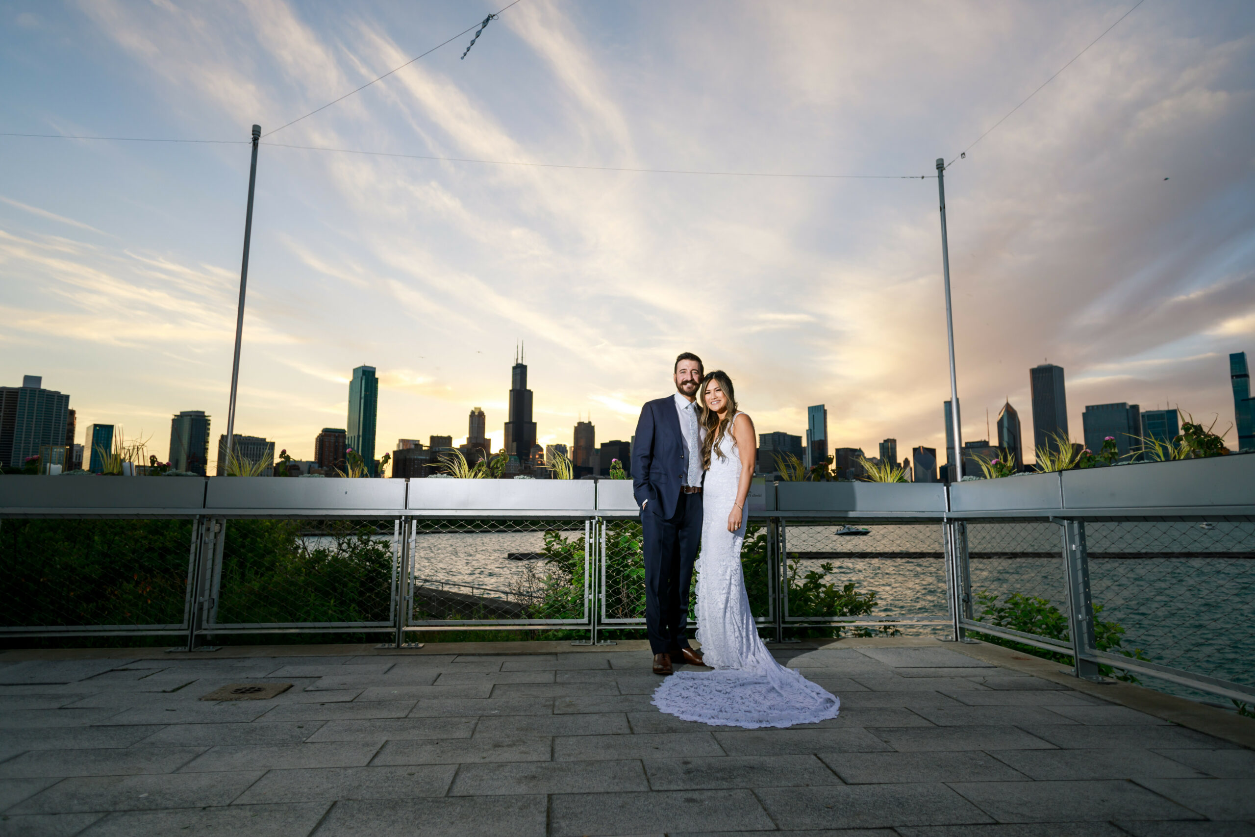 Married couple on terrace at Shedd Aquarium in Chicago